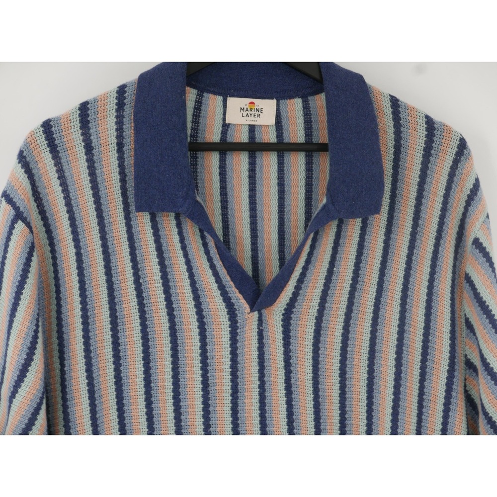Marine Layer Liam Knit Sweater Polo Striped Cotton Johnny Collar Men's XL